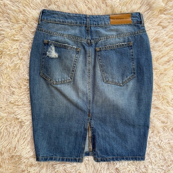 The Kooples Jeans denim distressed knee length skirt back slit SZ 25 blue pencil - Picture 7 of 7